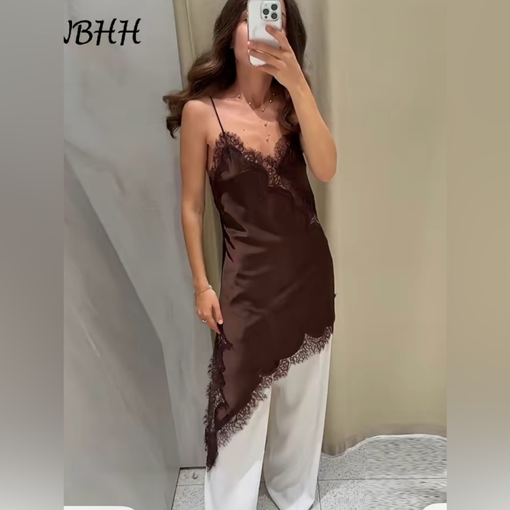 Zara Brown Asymmetrical Lace Slip Dress
